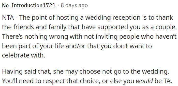 The purpose of a wedding reception is to express gratitude to supportive friends and family.