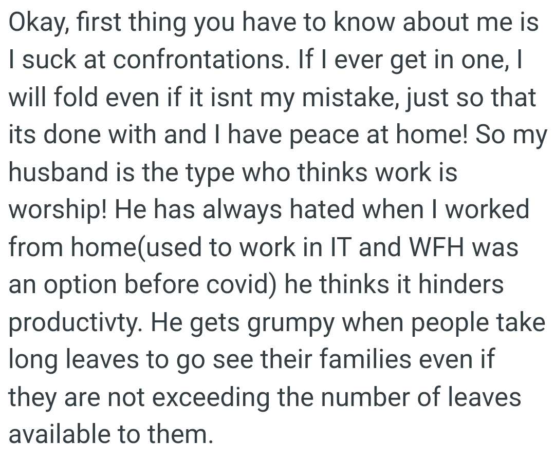 OP's husband gets grumpy when people take long leaves to go see their families