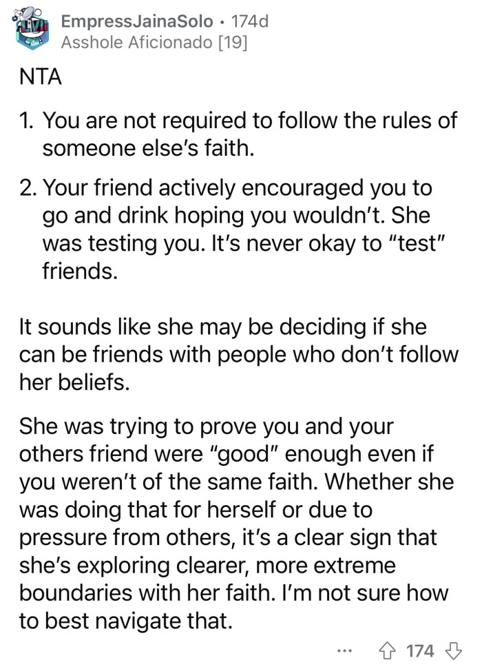 “It sounds like she may be deciding if she can be friends with people who don’t follow her beliefs.”