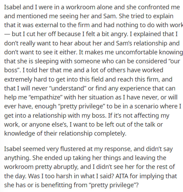 Finally, she ends her post by wondering if she's in the wrong for having told her intern this.