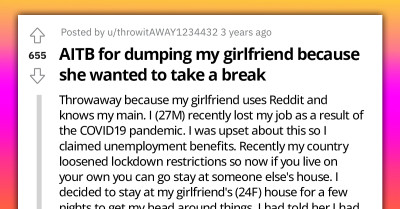 Redditor Calls It Quits After Girlfriend Requests Time-Out Over His Unemployment, But That's Just One Part Of The Story