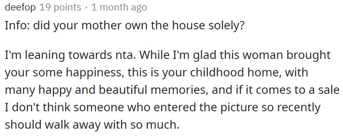 A Redditor asked if her mother owned a house solely: