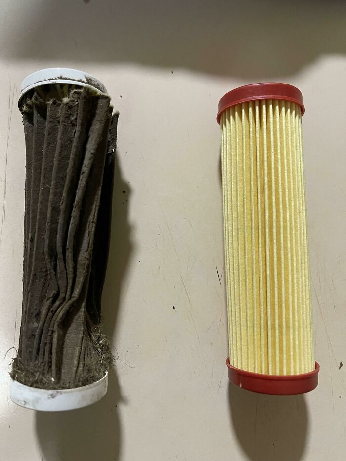 "The Air Filter I Just Took Out Of My Lawnmower vs. The One I Replaced It With"