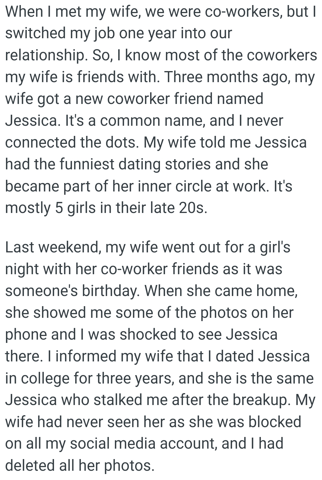 OP's wife told him that Jessica had the funniest dating stories