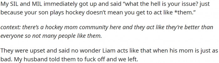 OP positioned herself between Liam and her family.