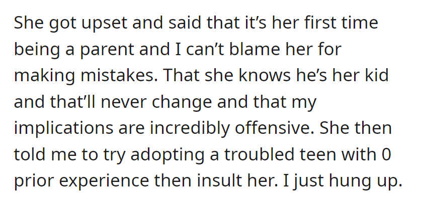 Sister defends parenting mistakes and challenges OP, who then hangs up.