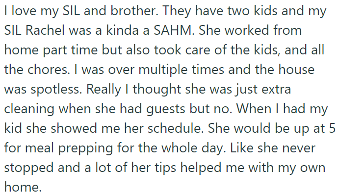 The OP explained her SIL was a SAHM, worked a part-time job, and kept the house spotless: