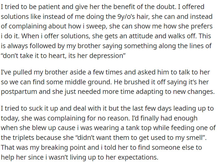OP tried to be patient and understanding with someone dealing with depression and postpartum issues, but the person reacted negatively.