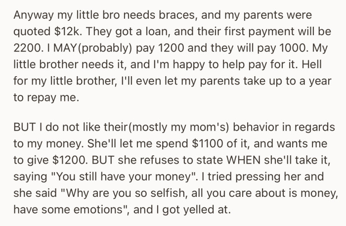 OP doesn’t like the way his parents behave when it’s time to repay the money they borrowed from him