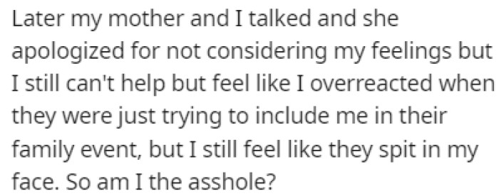 OP talked to his mother about it and she apologized