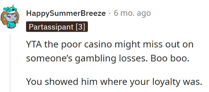 Casino's guardian angel, saving them from missed losses. Loyalty revealed: dealer's cards over boyfriend's bets.