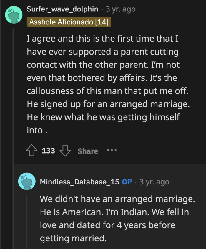 OP clarified that her husband is American and they didn't have an arranged marriage.