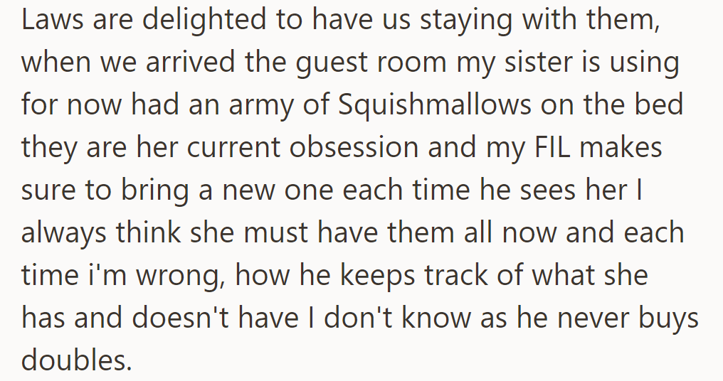 Her in-laws joyfully host them, with her sister's room filled with Squishmallows, her current obsession, carefully curated by her father-in-law.