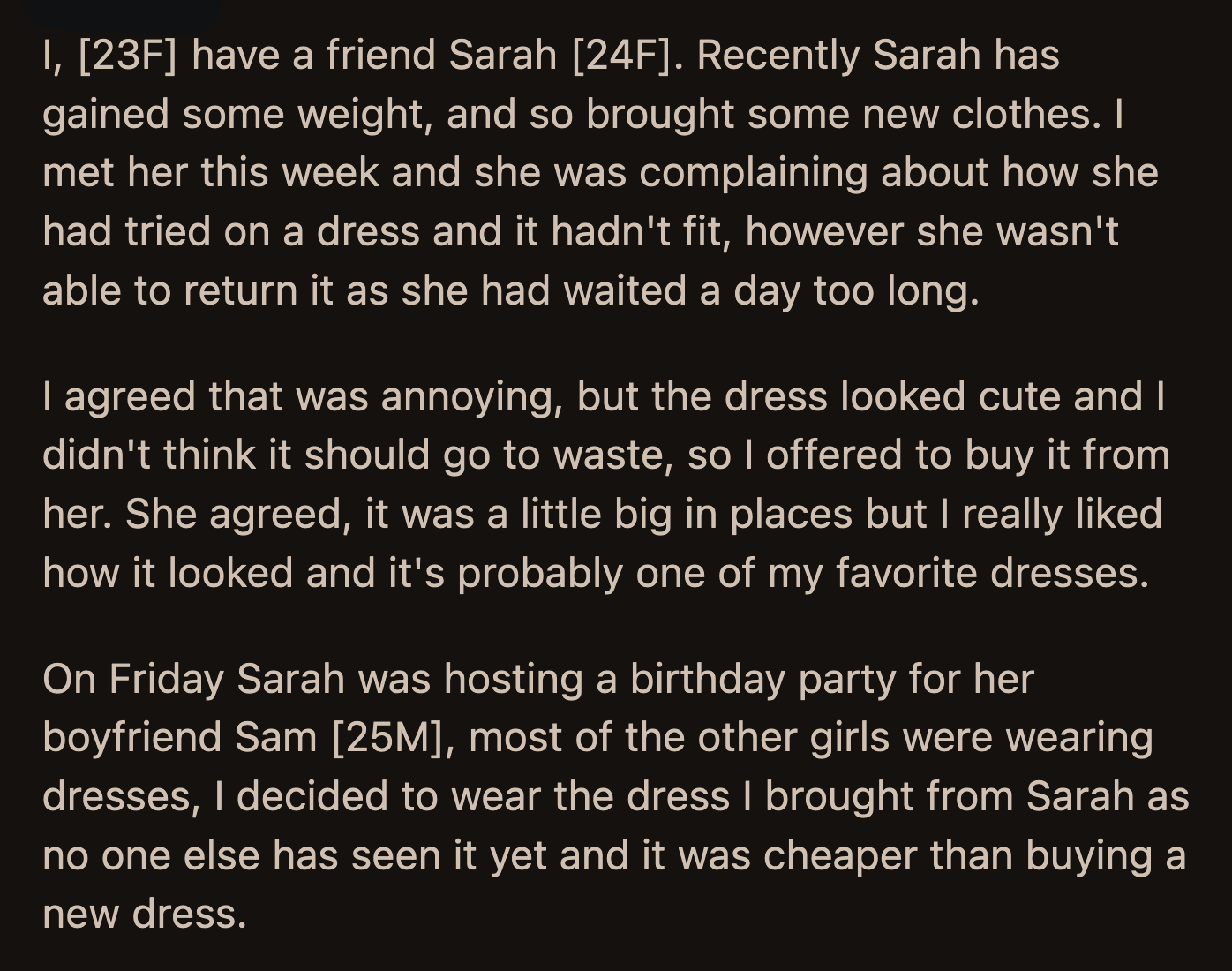 OP told Sarah it was Sam's party and if he had an issue with her, he could say so.