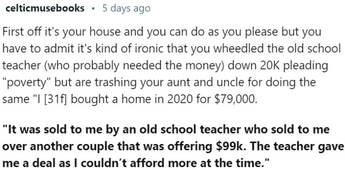 Morality in house sale dispute with aunt and uncle