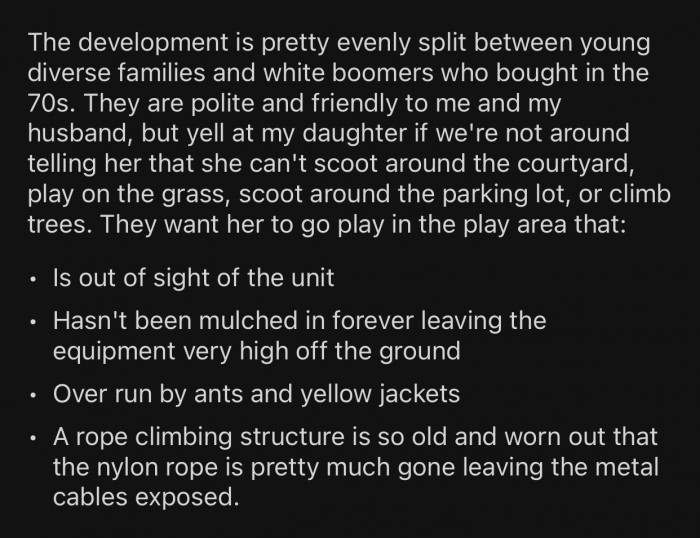 OP's neighbors want their daughter to play in the play area, which is pretty unsafe.