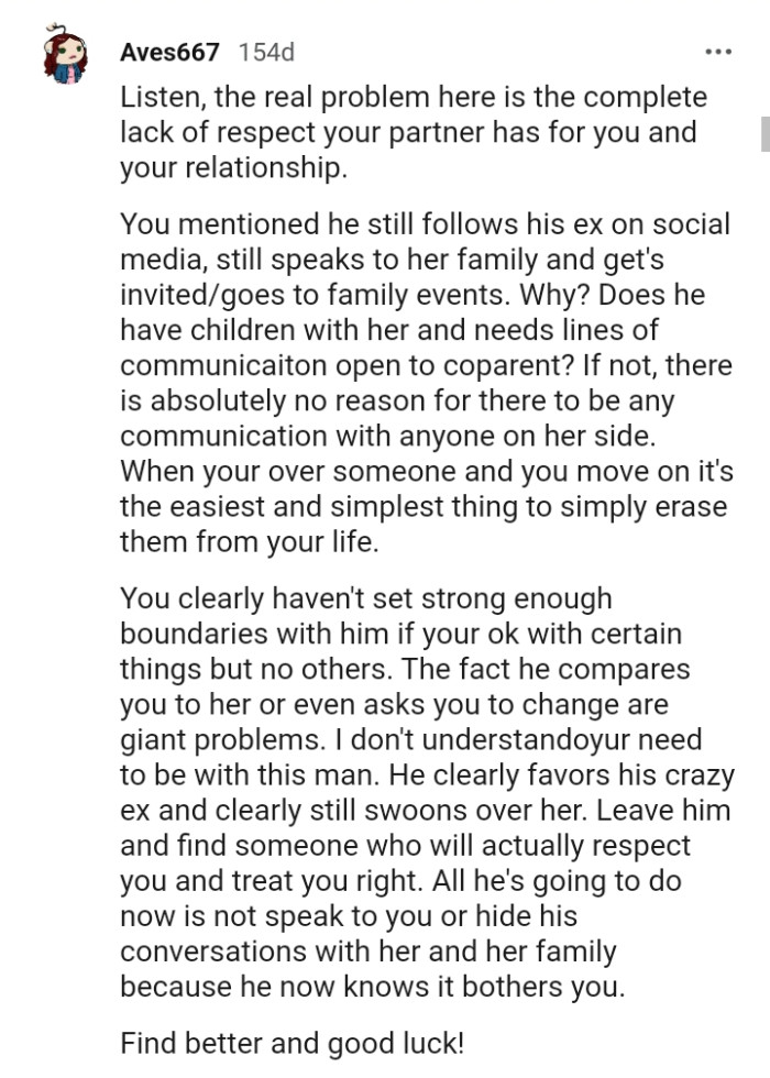 The OP says he still follows the ex on social media