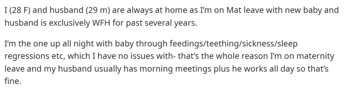 OP starts her post by explaining her and her husband's situation after they just had a baby together and their working circumstances.
