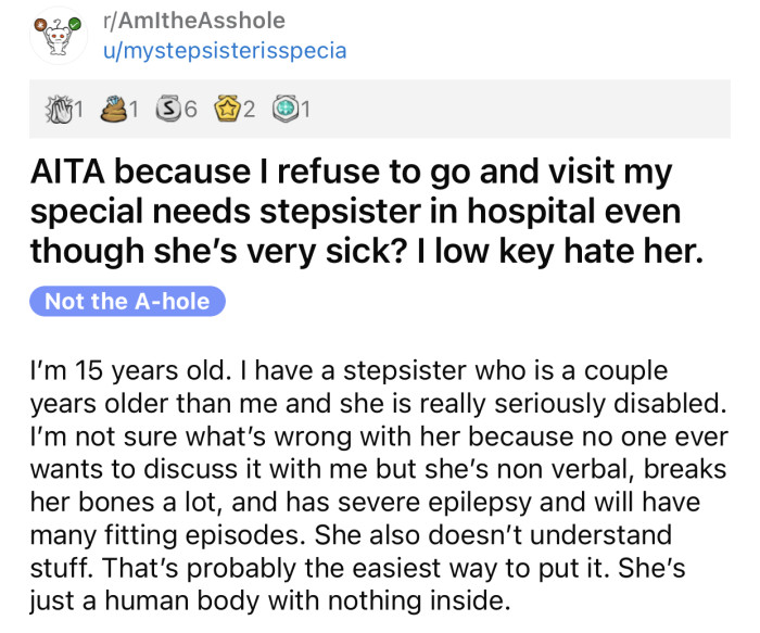 Here's the original post by Reddit user u/mystepsisterisspecia: