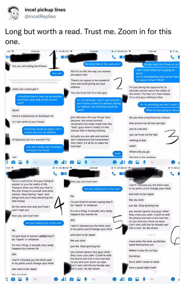 The lengthy discussion was shared on Twitter by @incelReplies.