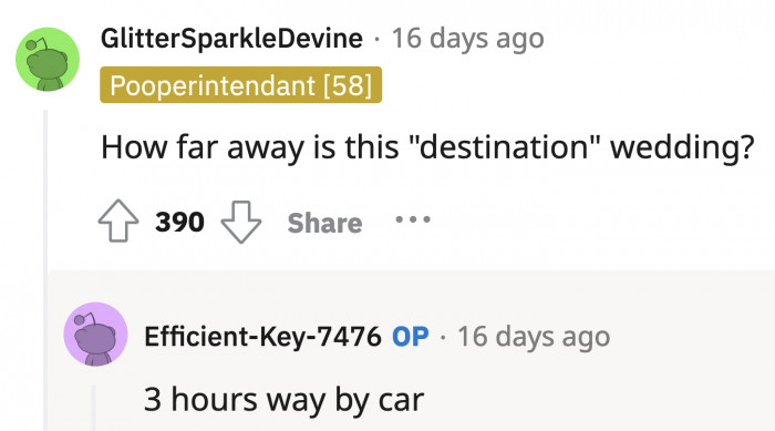 Is a 3-hour drive to the venue enough to call it a destination wedding? If so, I have been to A LOT of destination weddings.