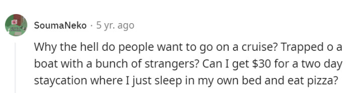 Cruises: where being trapped on a boat with strangers becomes a vacation.