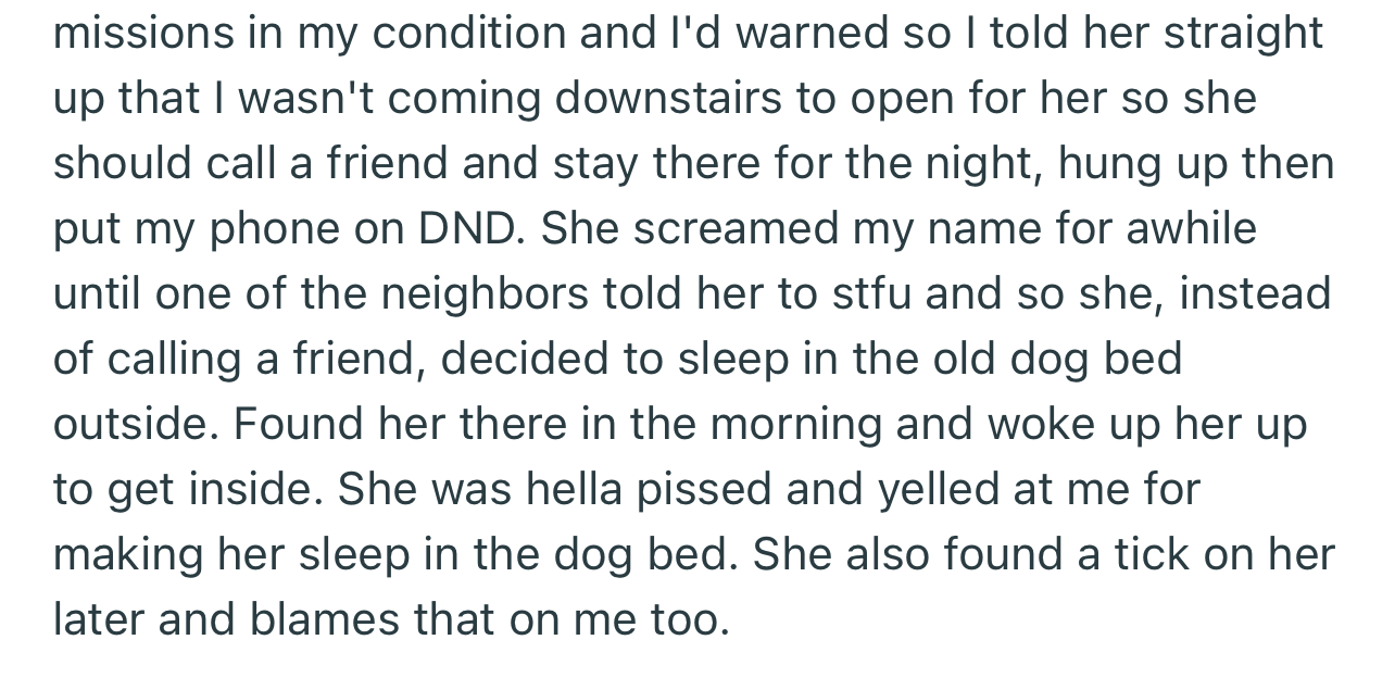 OP Refused to Open the Door for Their Sister, Which Forced Her to Sleep in an Old Dog Bed Outside