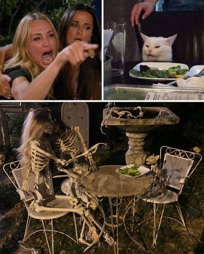 1. These individuals recreated this iconic meme using skeletons, and it's the best thing we've seen this Halloween season.