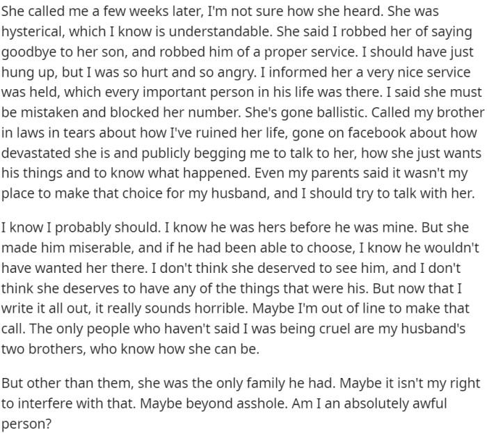OP questioned her own morality, wondering if she was truly an awful person