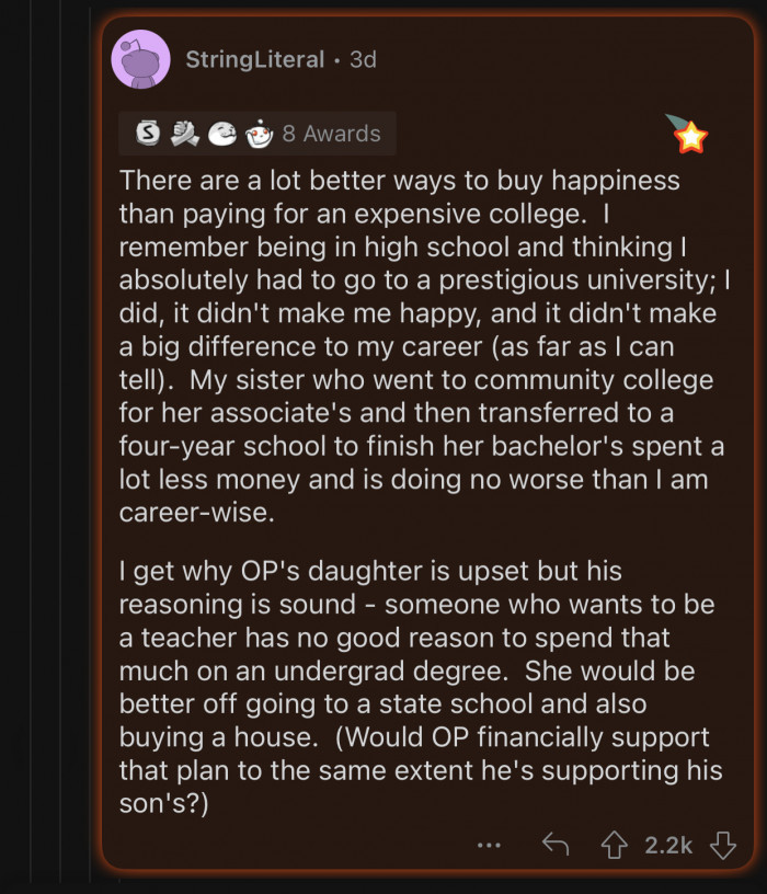 OP's reasoning is sound, and his daughter shouldn't be upset.
