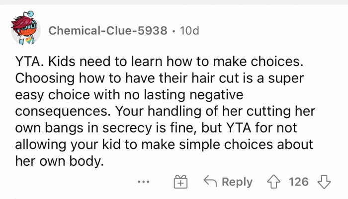 #2 Should have allowed your child to make choices for her body, granted there were 