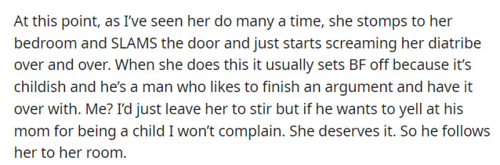 JC storms to her room, screaming, prompting the boyfriend to follow and address the situation, despite OP's differing approach.