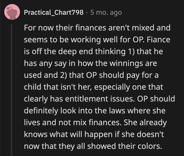 Their prenup better be ironclad if this is how Brian is already acting. He might try to push OP's financial boundaries further and further to see if she would relinquish control.