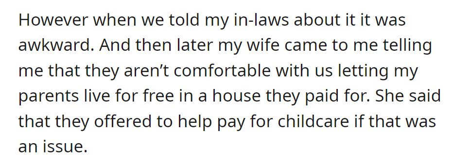 In-laws are uncomfortable with parents living rent-free; they offer to pay for childcare instead.