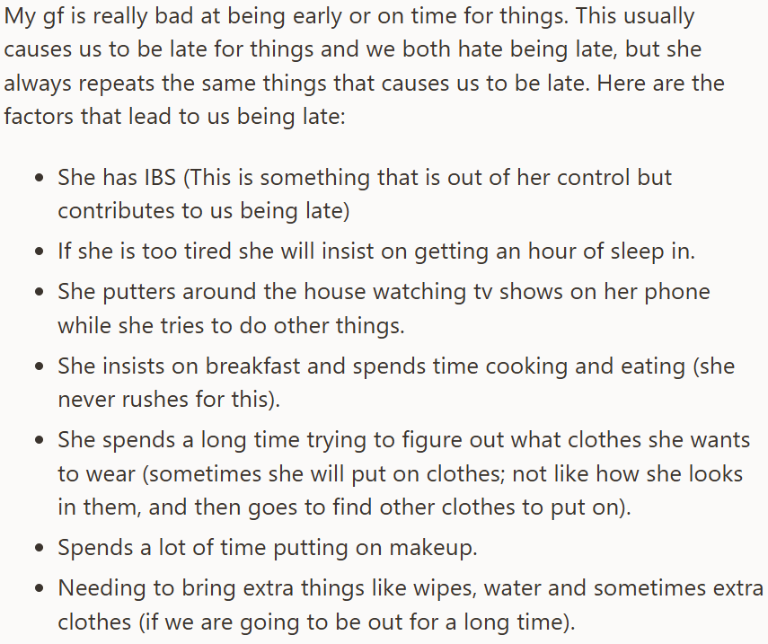 Girlfriend’s habits and delays make it nearly impossible to be on time for anything.