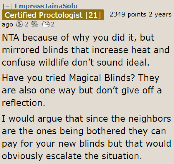 Some Redditors didn't like the mirrors that she installed, as they could be disrupting wildlife.