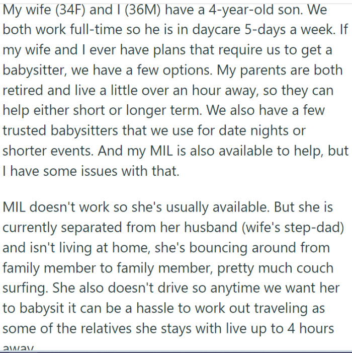 Balancing a full-time job and parenting, OP and his wife often need a babysitter for their 4-year-old child.