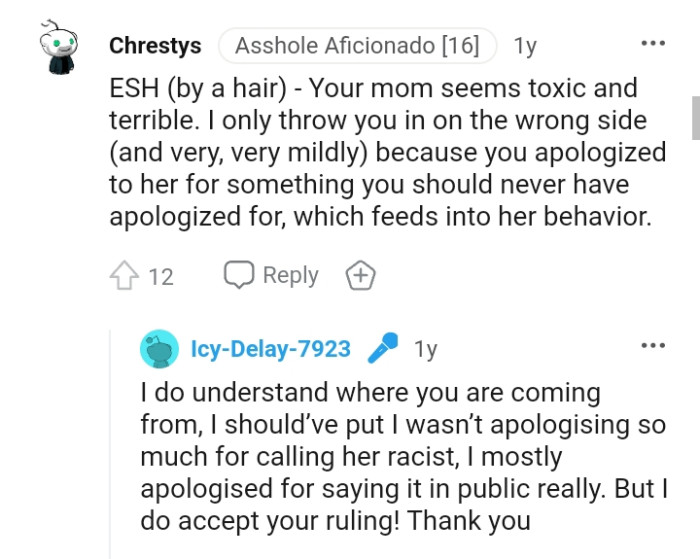 The OP apologized even though she didn't need to