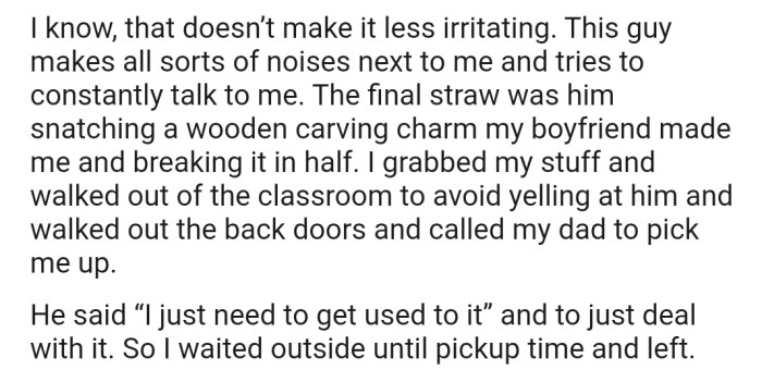 The boy ended up breaking a wooden carving charm that OP's boyfriend made for her. This, right here, was the last straw.