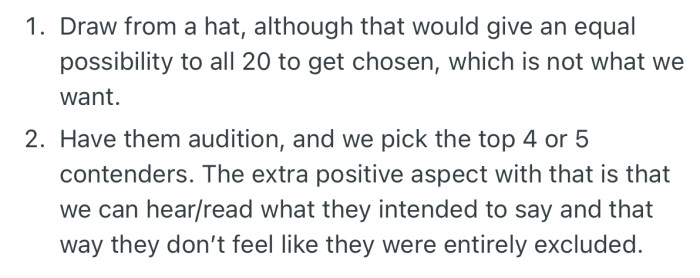 The couple is considering two options. Interestingly, one will require the intending speakers to audition for a chance to be selected on that day