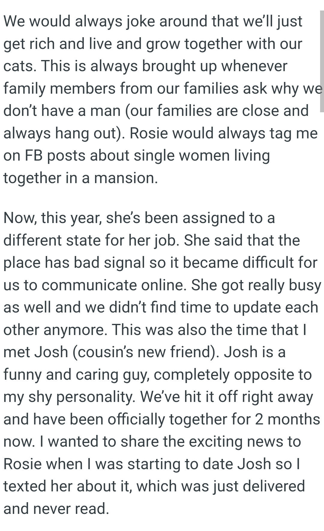 Rosie would always tag OP on FB posts about single women living together in a mansion