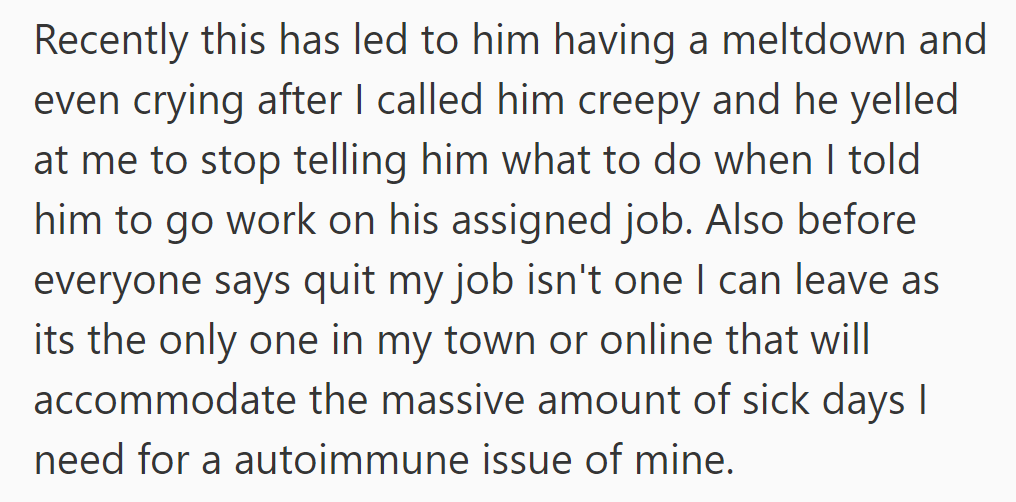 J had a meltdown, but OP can't leave due to her autoimmune condition.