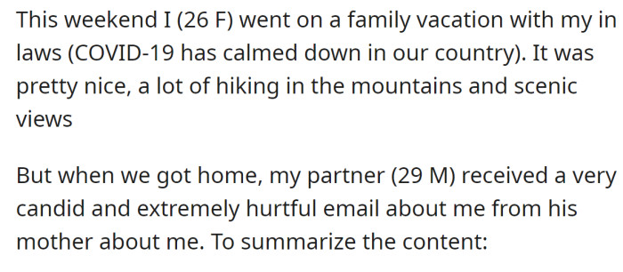 She went on vacation with her in-laws, but after returning home, her partner received a malicious email from her mother-in-law: