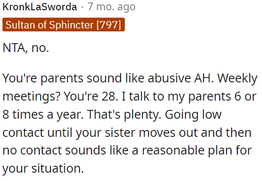 OP's parents seem abusive with their demand for weekly meetings at 28.