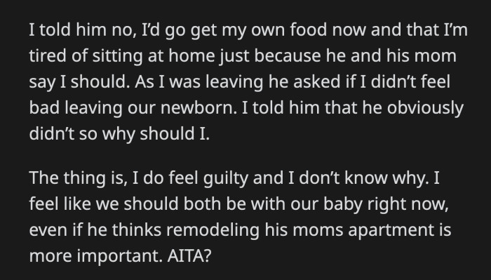 OP did feel guilty as she believed they should be spending time with their newborn. Was she the a**hole?