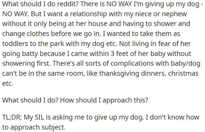 OP's sister-in-law wants her to give away her dog, but she's hesitant because she doesn't want to part with her pet.