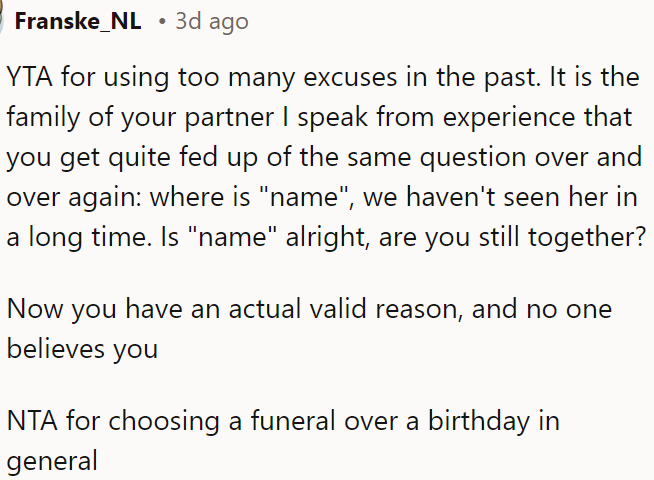 OP is not wrong to choose a funeral over a birthday.
