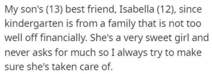 OP's son's best friend, Isabella is a 12-year-old girl who comes from a poor family