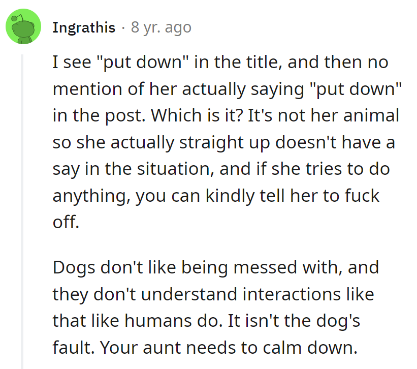 Title screams 'put down,' but Aunt's bark lacks bite. Not her pup, not her problem—time to fetch some chill.