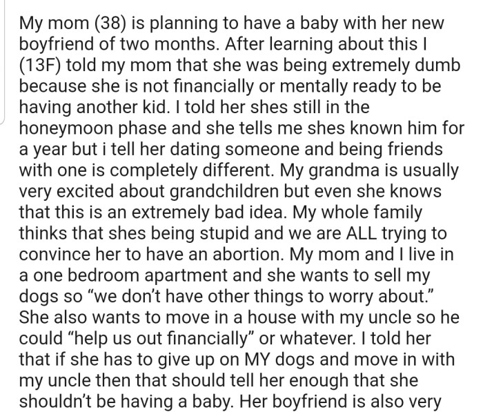 OP's Mom Is Pregnant by Her Boyfriend, but the Family Is Pressuring Her to Abort Due to Poor Finances